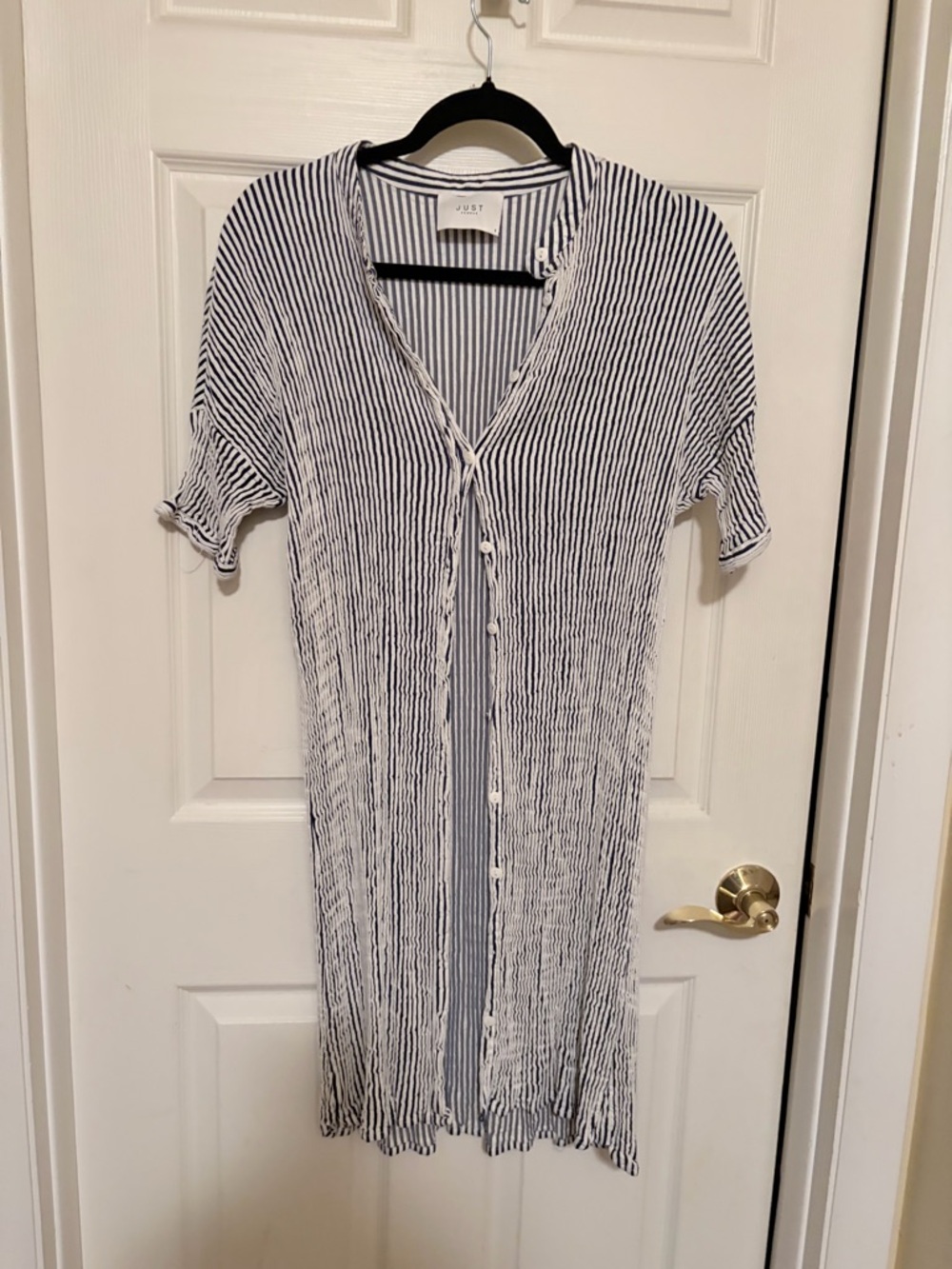 Blue & White Striped Button-Front Midi Dress.